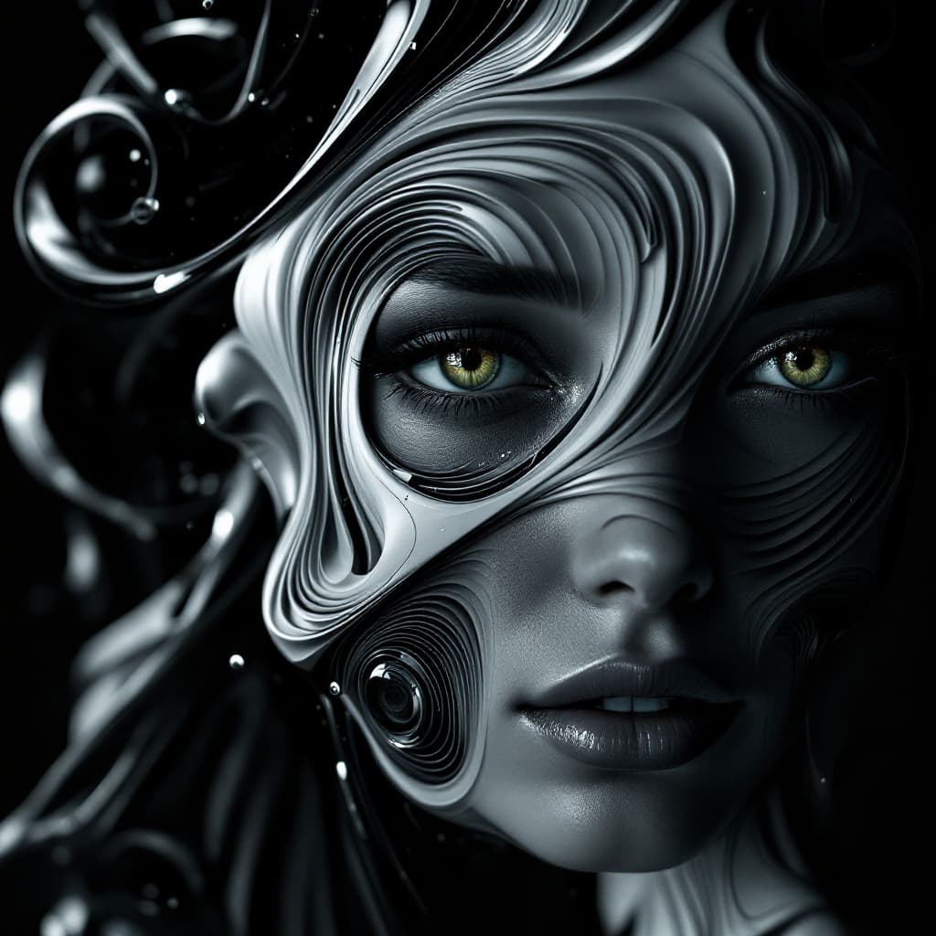 AI generated: Hyper-realistic futuristic portrait of a stunning woman seamlessly merging with a three-dimensional ...