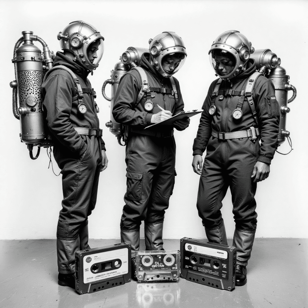 AI generated: Black and white image of three individuals in steampunk-inspired protective gear. They stand in a li...