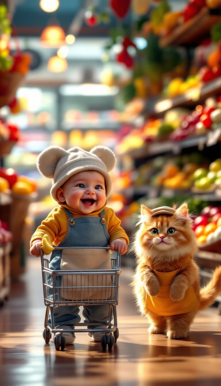AI generated: A hyper-realistic image of a super cute baby pushing a tiny shopping cart, smiling joyfully, while a...