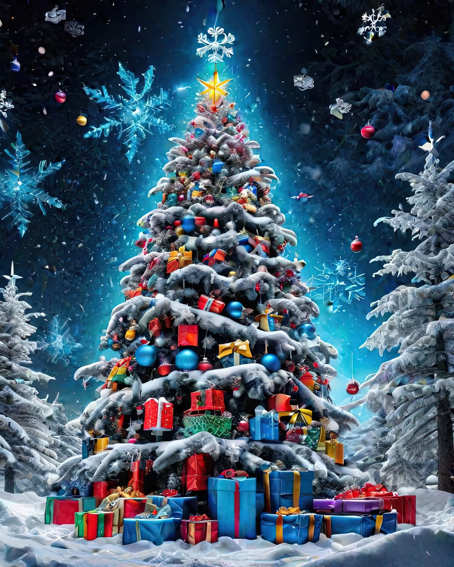 AI generated: darkness forest, winter , lots of snow , snowflake, big futuristic colorful Christmas tree inside sa...