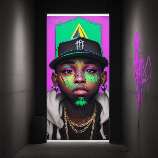 AI generated: Genera una imagen de un artista de rap en un entorno urbano contemporáneo. Incluye elementos de la c...