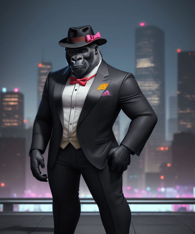 AI generated: A fashionable gorilla is dressed in a fedora hat and a bowtie, standing against a colorful cityscape...