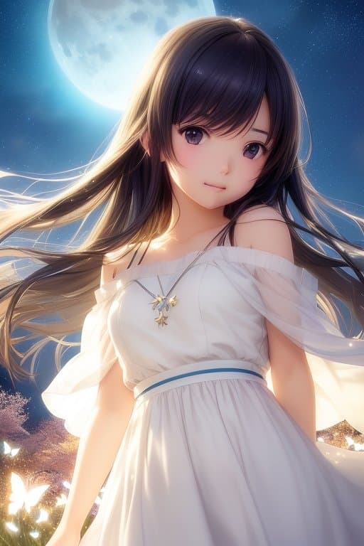 AI generated: a portrait of a cute girl with a luminous dress, eyes shut, mouth closed, long hair, wind, sky, clou...