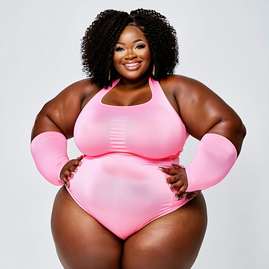 AI generated: Ebony woman with superhero arms and legs, booty  is massively round and juicy, very small petite wai...
