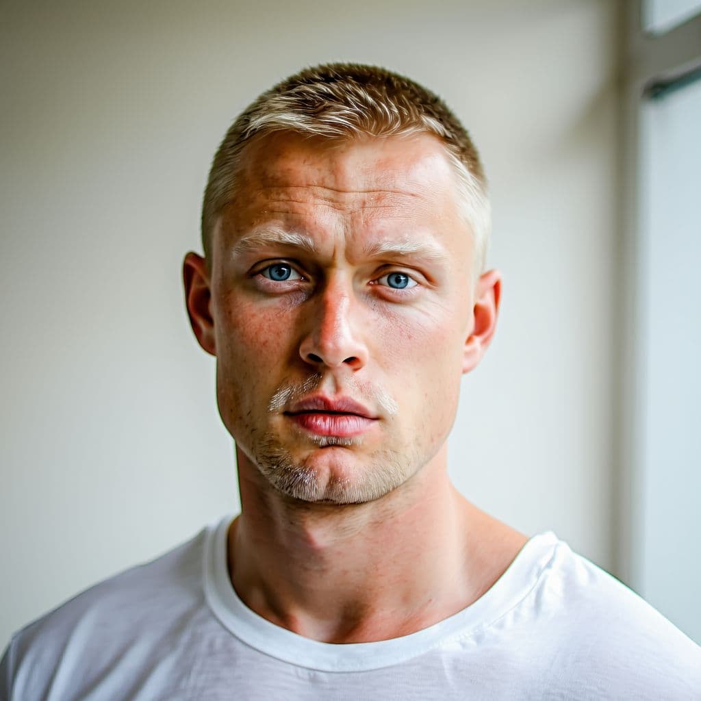 AI generated: Young mafia Russian man 40's hottie blue eyes blonde crew cut hair 5'5 200lbs Built-in Muscle casual...