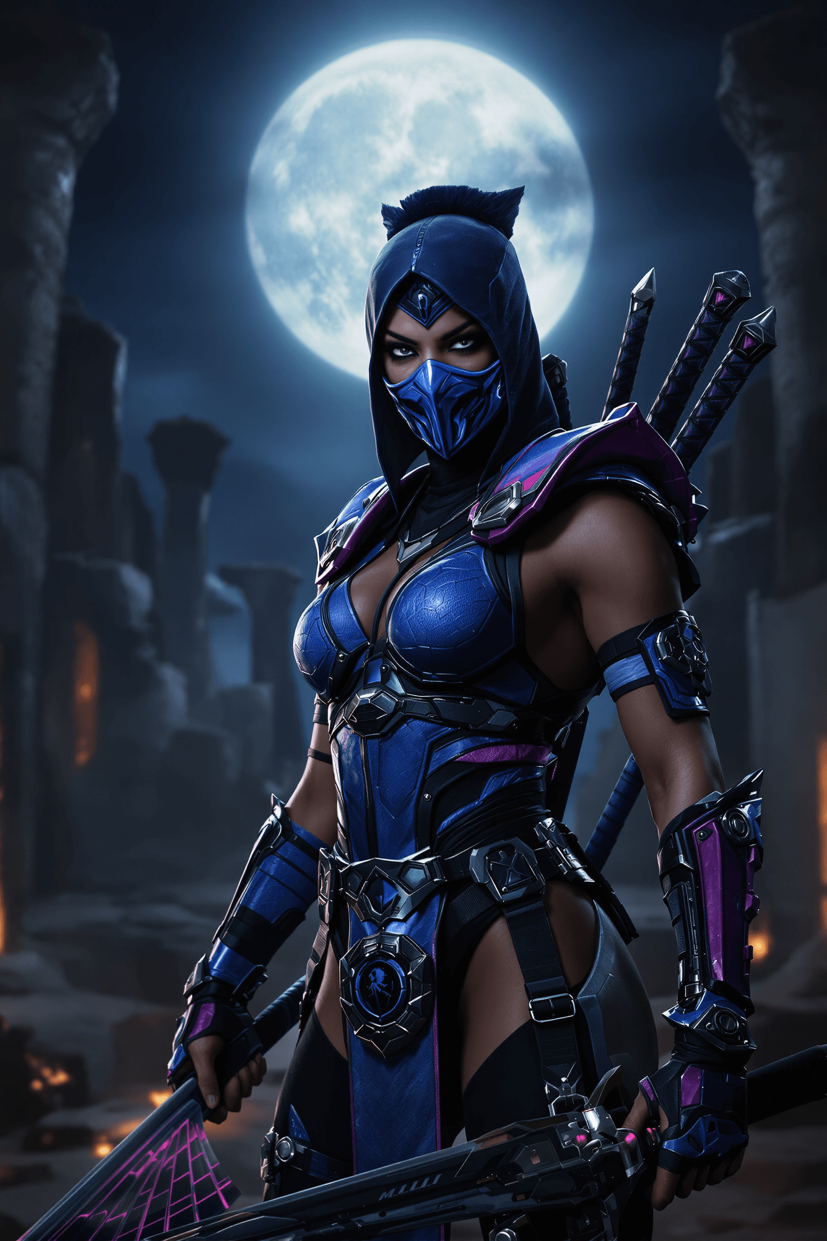 AI generated: Kitana from Mortal Kombat in a fierce battle-ready pose. She wears a sleek blue and purple tactical ...