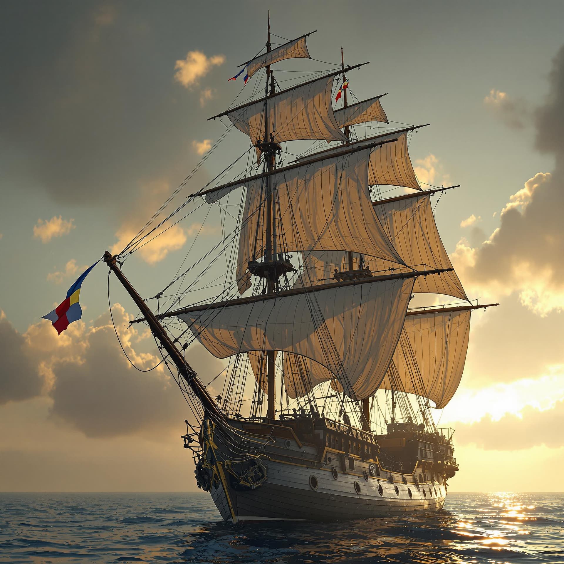 AI generated: Photo of a ultra realistic sailing ship, dramatic light, pale sunrise, cinematic lighting, battered,...