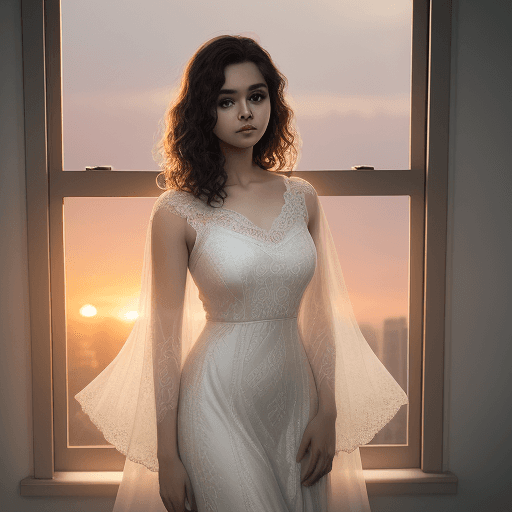 AI generated: (masterpiece, RAW photo), portrait photo of a trendy beautiful girl standing next to a high rise win...