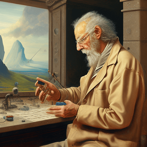 AI generated: Older Male Scientist conducting Wierd science  about the nature of life and technology. Detailed oil...