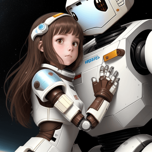 AI generated: 
a girl with brown hair, . wearing white robotic armor, rescuing her smal robot friend  in the space...