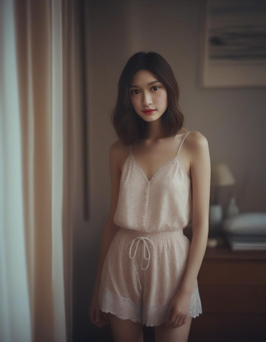 AI generated: a woman wearing a nightie and shorts standing in bedroom, in the style of Oleg Oprisco, video, Jocel...