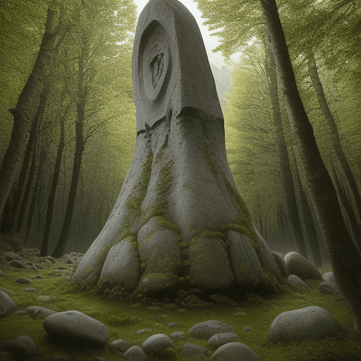 AI generated: Une clairière au cachée au fon d'une forêt avec des menhirs autour de cette clairière. Au centre de ...