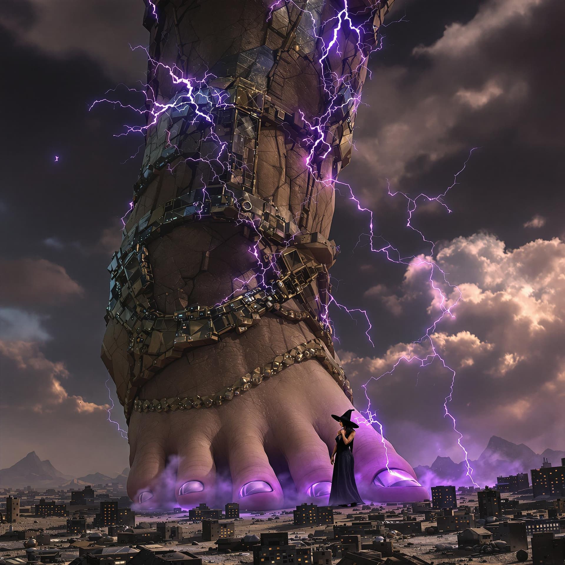 AI generated: 5 toes on foot, enormous giantess female Rhea Ripley from WWE with black medium length hair and stra...