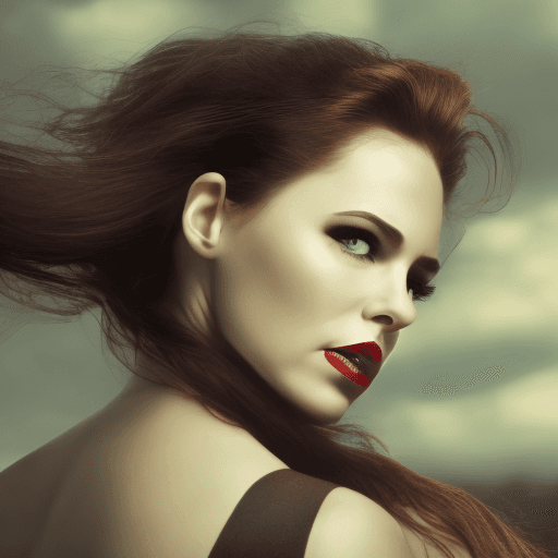 AI generated: (voluptuous body), (small waist), tousled hair, view from a high part back up, professional photogra...