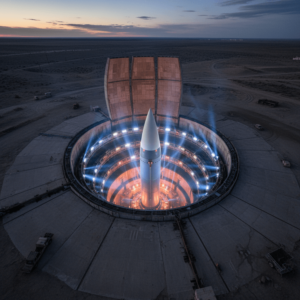 AI generated: A missile silo opening — overhead shot, glowing lights illuminating the launch platform"