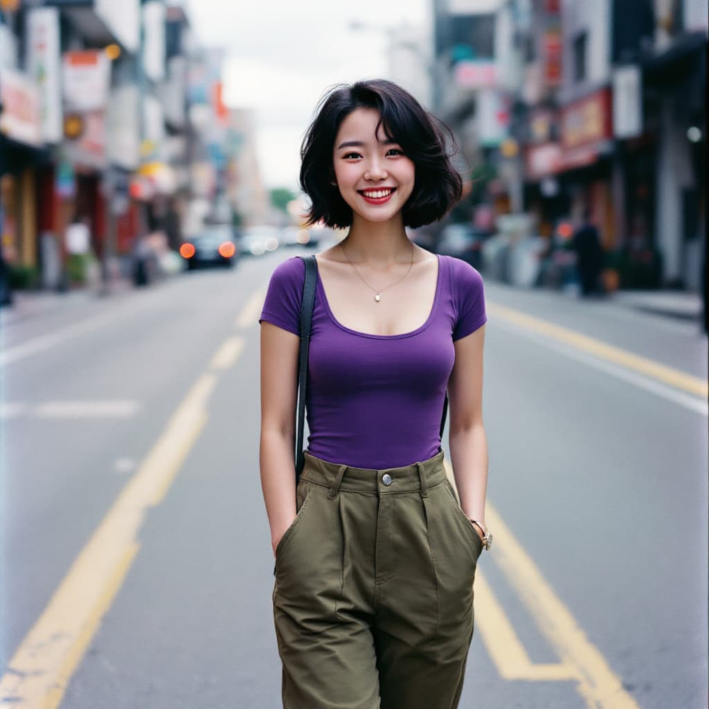 AI generated: Japanese girl ,realistic, female, short dark hair, happy, wearing purple bodysuit, and olive pants, ...