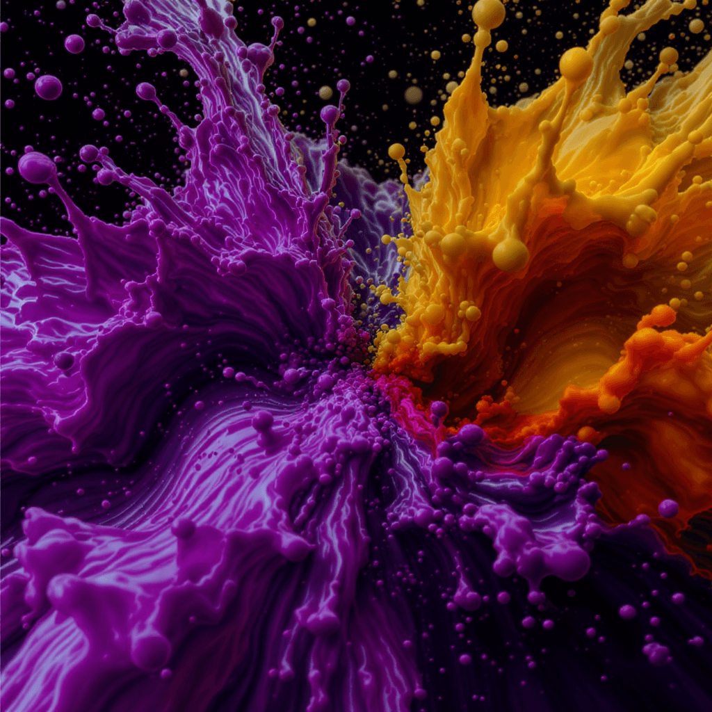 AI generated: macro shot, explosion of colors concept image, vibrant deep purple and deep yellow colors liquid, po...
