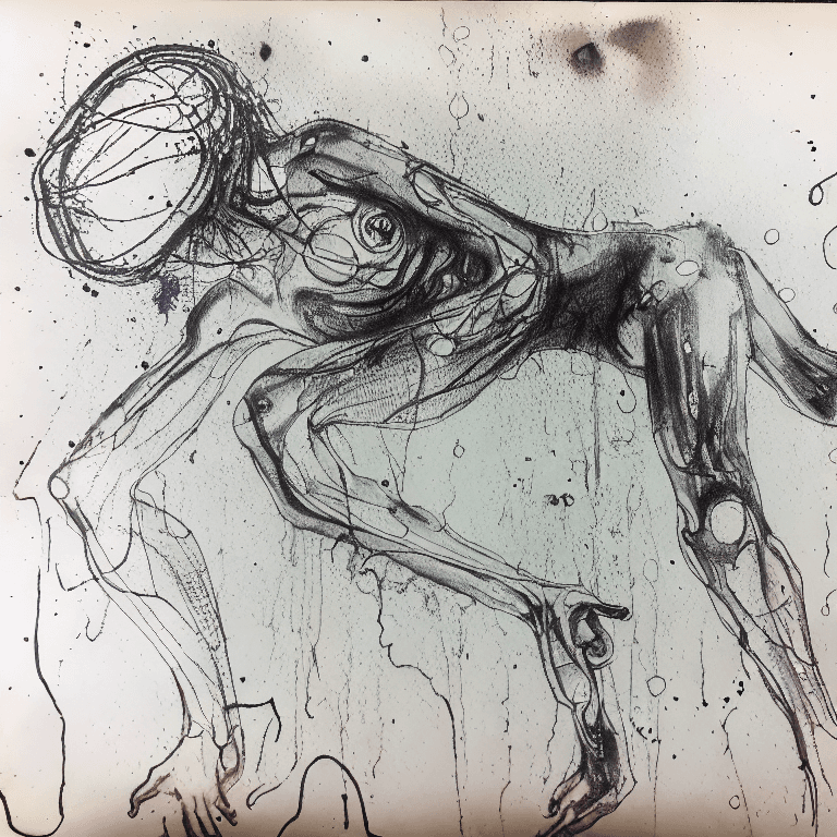 AI generated: Ink illustration,  paranoid, annotated, messy, disorganized, with Anatomical non -finished drawing, ...