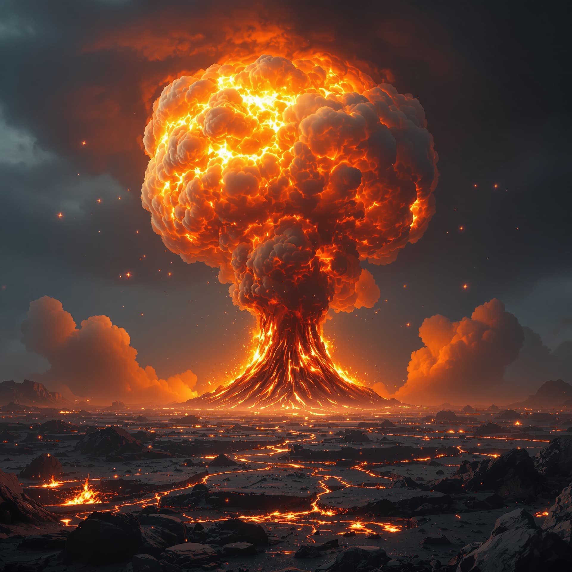 AI generated: giant fiery mushroom cloud explosion, dark stormy skies and the ground is cracking and erupting brea...