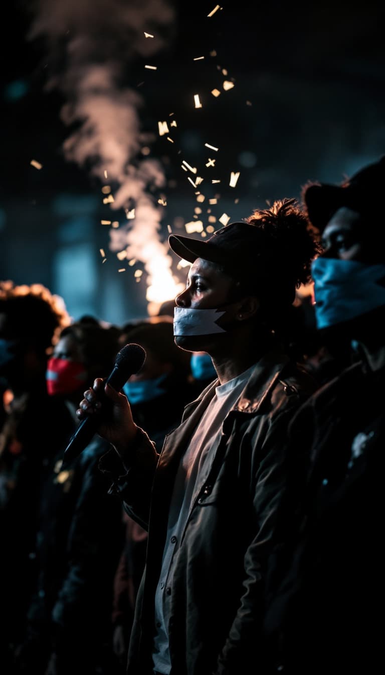 AI generated: A diverse group of people standing in silence with tape over their mouths, one person removing the t...