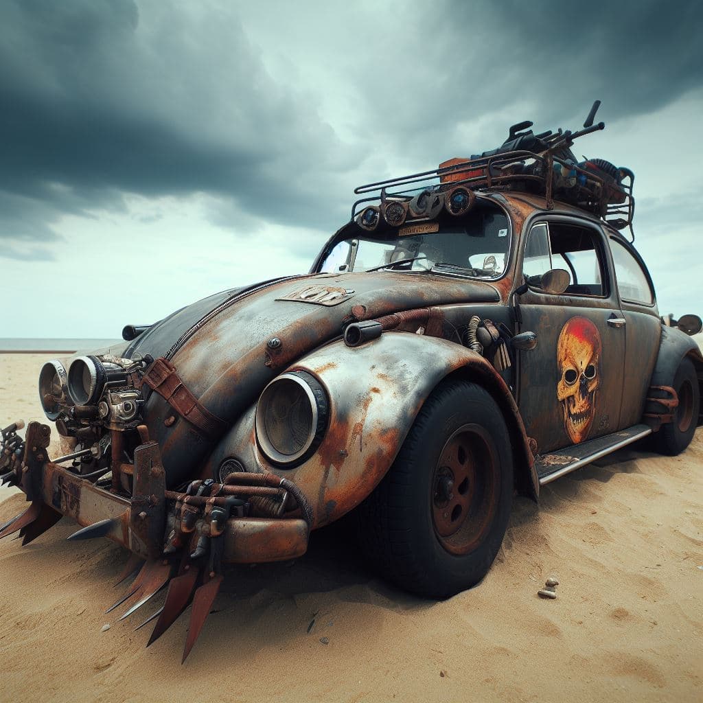 AI generated: VW Beetle, in mad max style on wasteland