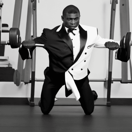AI generated: Photo of a bodybuilder wearing tuxedo doing push ups