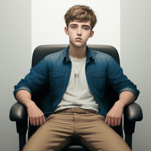 AI generated: Josh Hucherson sitting in a chair man spreading looking forward.