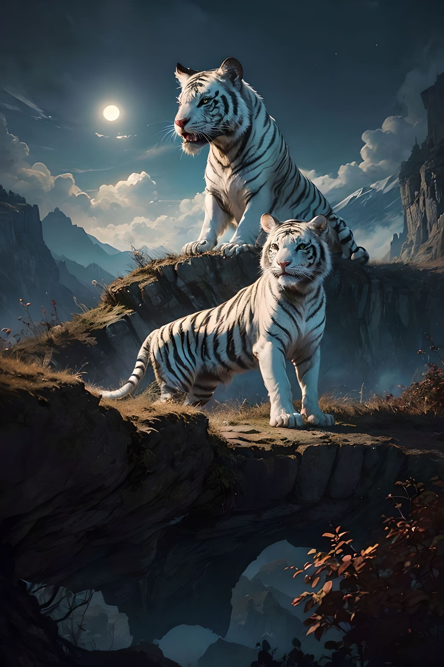 AI generated: A White Tiger roaring at the edge of a cliff,Midnight Full Moon,Spooky atmosphere,epic scenery,cinem...