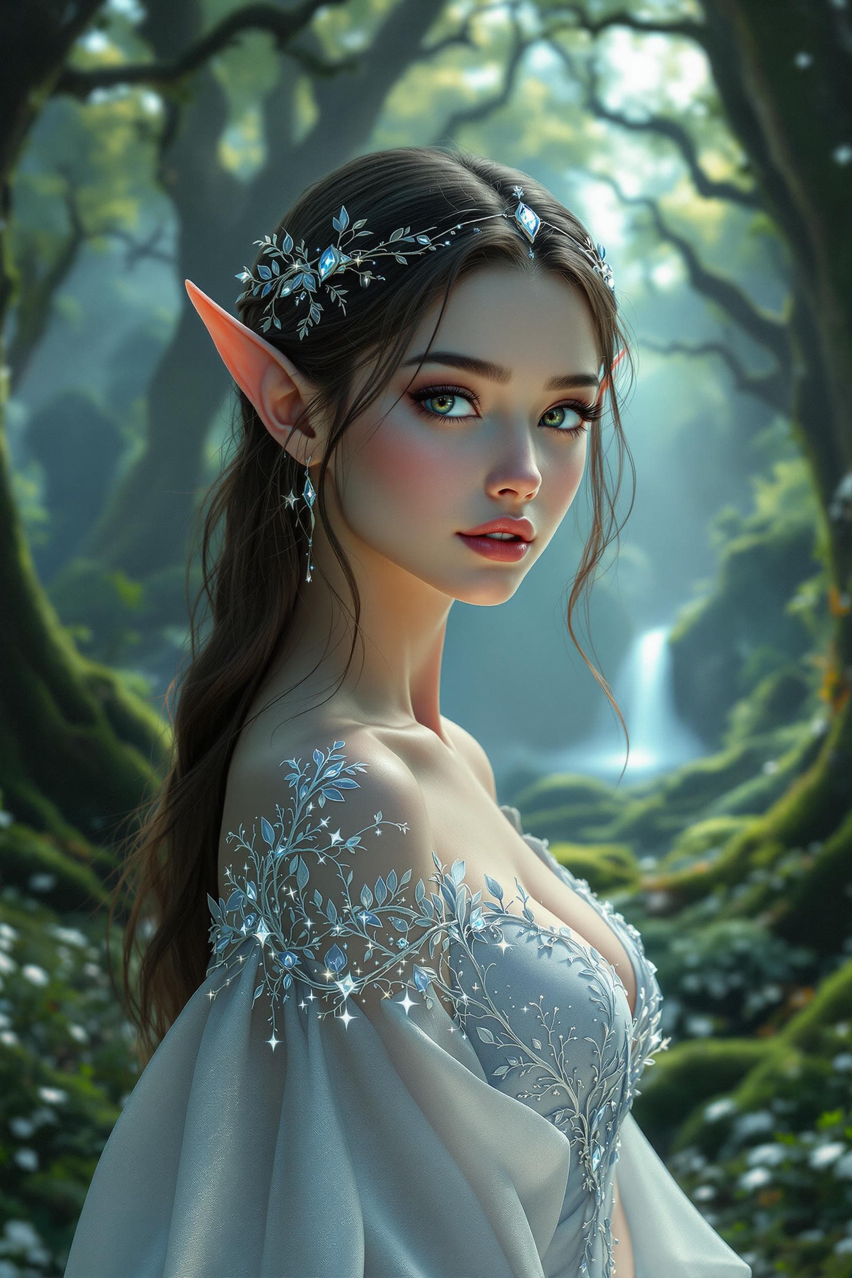 AI generated: Ultra-photorealistic cinematic portrait of a graceful and ethereal elf princess standing in a lush, ...