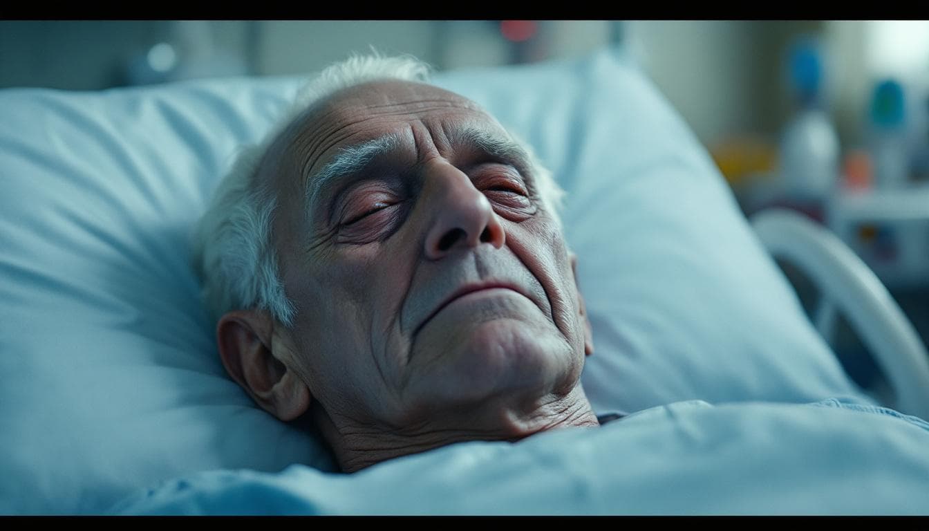 AI generated: Cinematic, ultra-realistic close-up of an old man with white hair lying on a hospital bed, very tire...