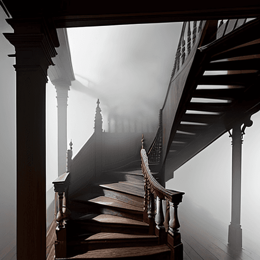 AI generated: A grand wooden staircase in an old house covered in mist. Grey background
