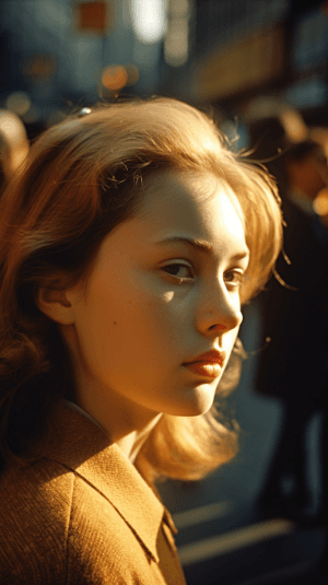 AI generated: Sunny, A bustling city street, Overcast with warm golden light, shot by Fritz Henle, Cinematic, 3D, ...