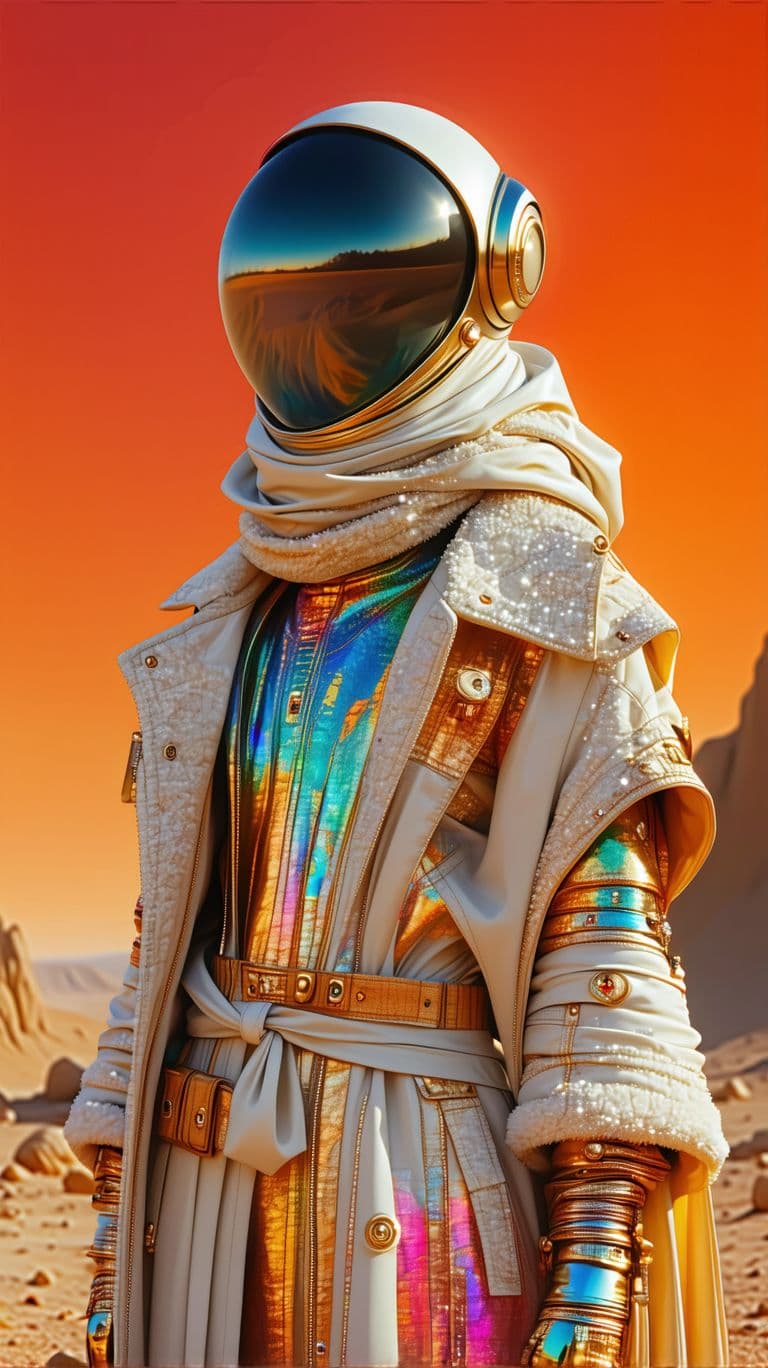 AI generated: Fashion on Mars like Persian style , futuristic , using iranian elements , persian patterns for fabr...