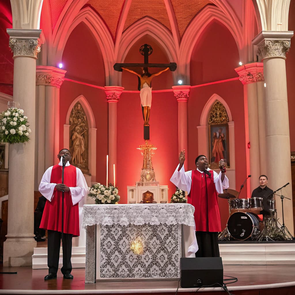 AI generated: A vibrant Catholic church ceremony, priests in red vestments with raised hands behind a lace-covered...