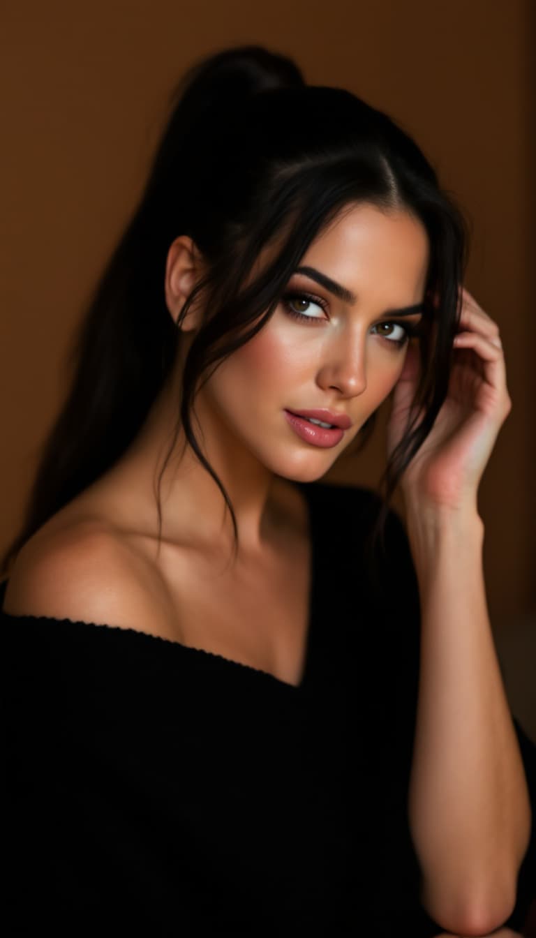 AI generated: Liv Tyler with pony tail hair, wearing an off-shoulder oversized black knit tshirt. She gazes softly...