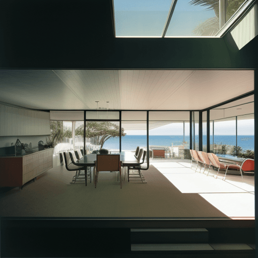 AI generated: Hyper realistic eye level exterior photo of a mid century modern style house overlooking the ocean, ...