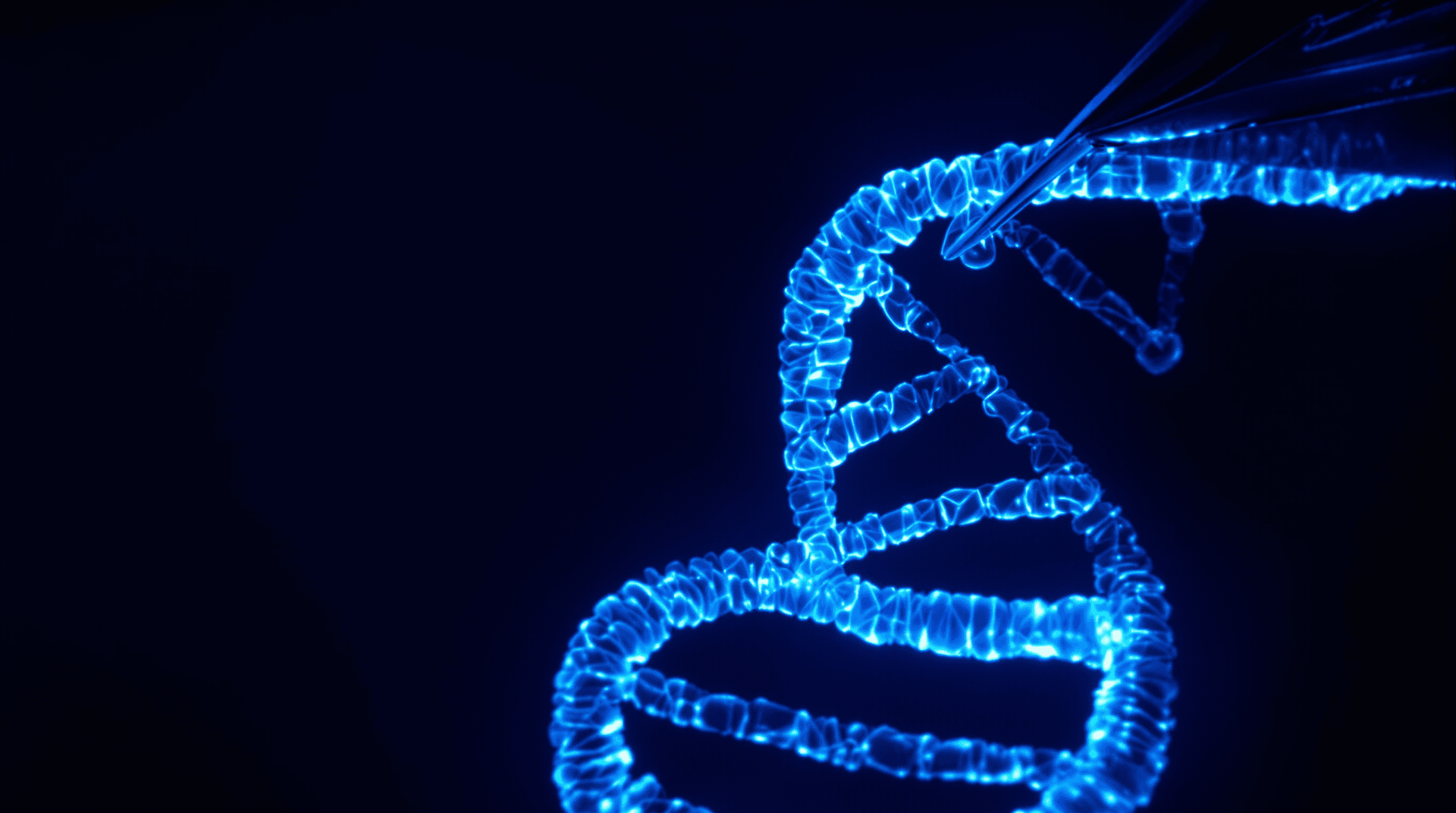 AI generated: A photograph of a DNA double helix structure, illuminated with a glowing blue light, against a dark ...