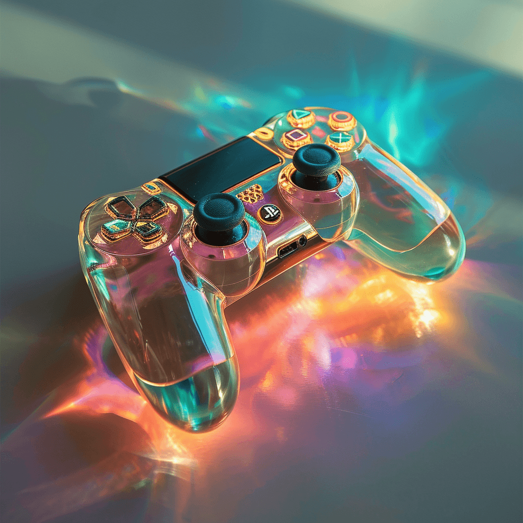 AI generated: Minimalist photo of glass PlayStation Controller with a rainbow effect, solarization, orange, light ...