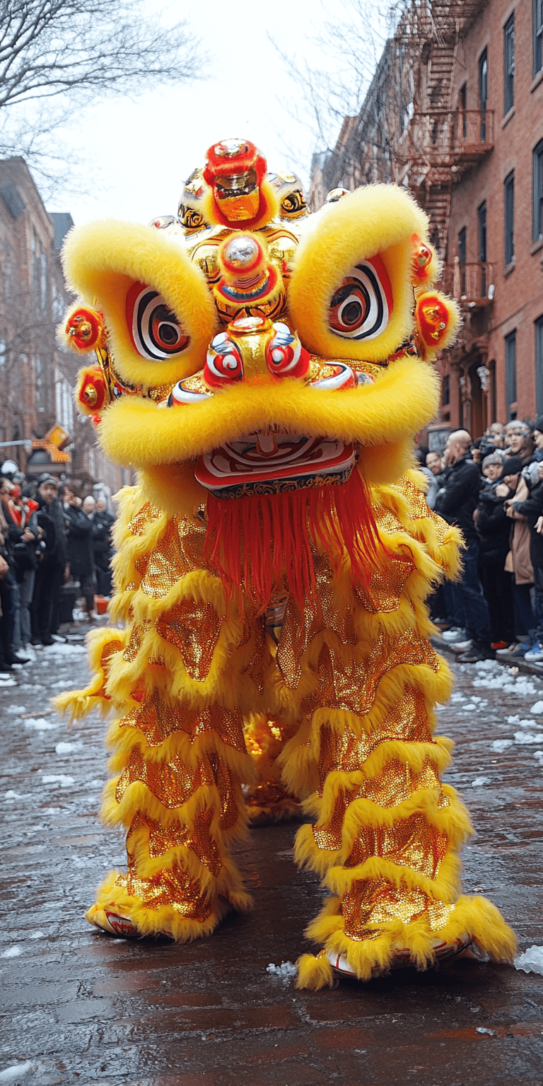 AI generated: A yellow Chinese dragon with red and gold patterns performs the traditional lion dance in the street...