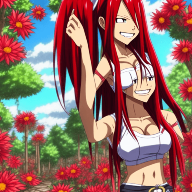 AI generated: Very hot detailed picture of Erza scarlet from fairy tail smiling contentedly wearing tight  shirt a...