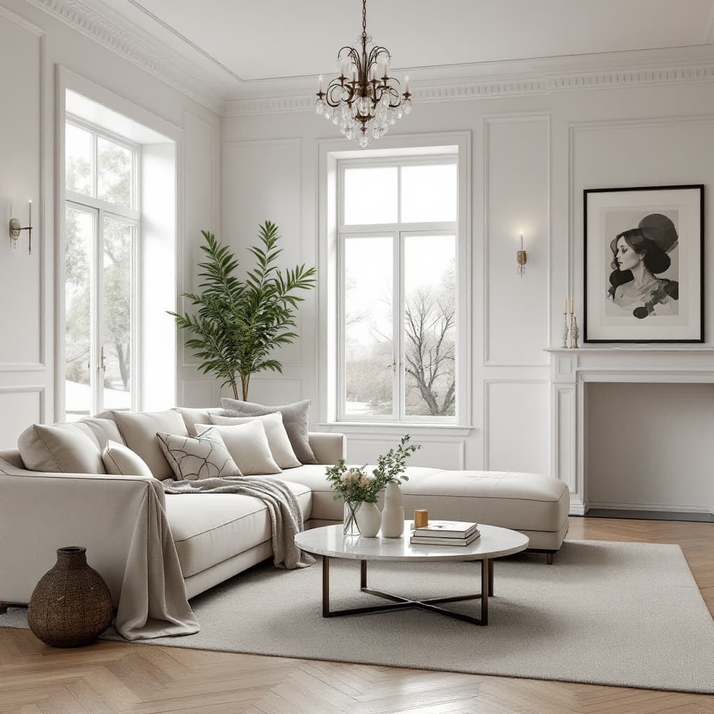 AI generated: Create a highly realistic 3D render of a timeless chic-style interior design. The space features a h...