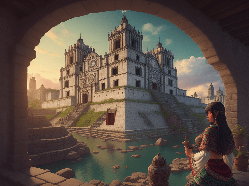 AI generated: Mexico, Aztec City, aesthetic anime style, nordic palette, visual novel BG, cozy atmosphere; 8k, int...