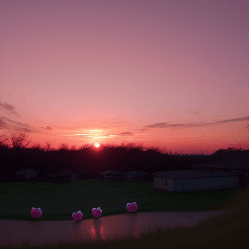AI generated: pink sunset photo with raccoons in pink bows in the distance