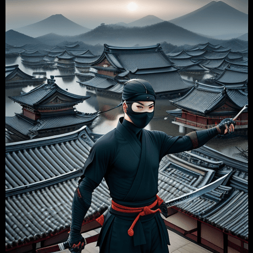 AI generated: ultra high-definition photo of a ninja with a sword drawn floating above the rooftops in ancient Jap...