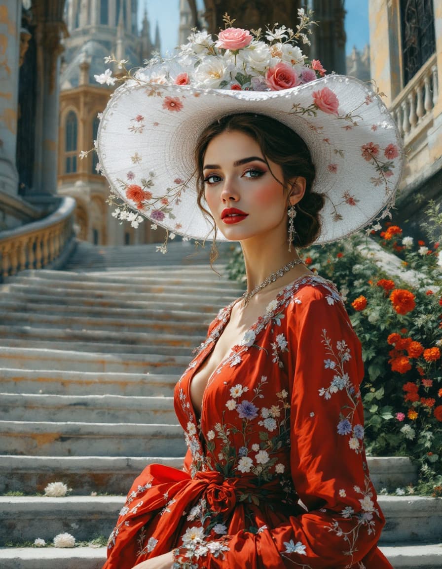 AI generated: An elegant woman wearing a white hat adorned with delicate embroidered flowers, dressed in a flowing...
