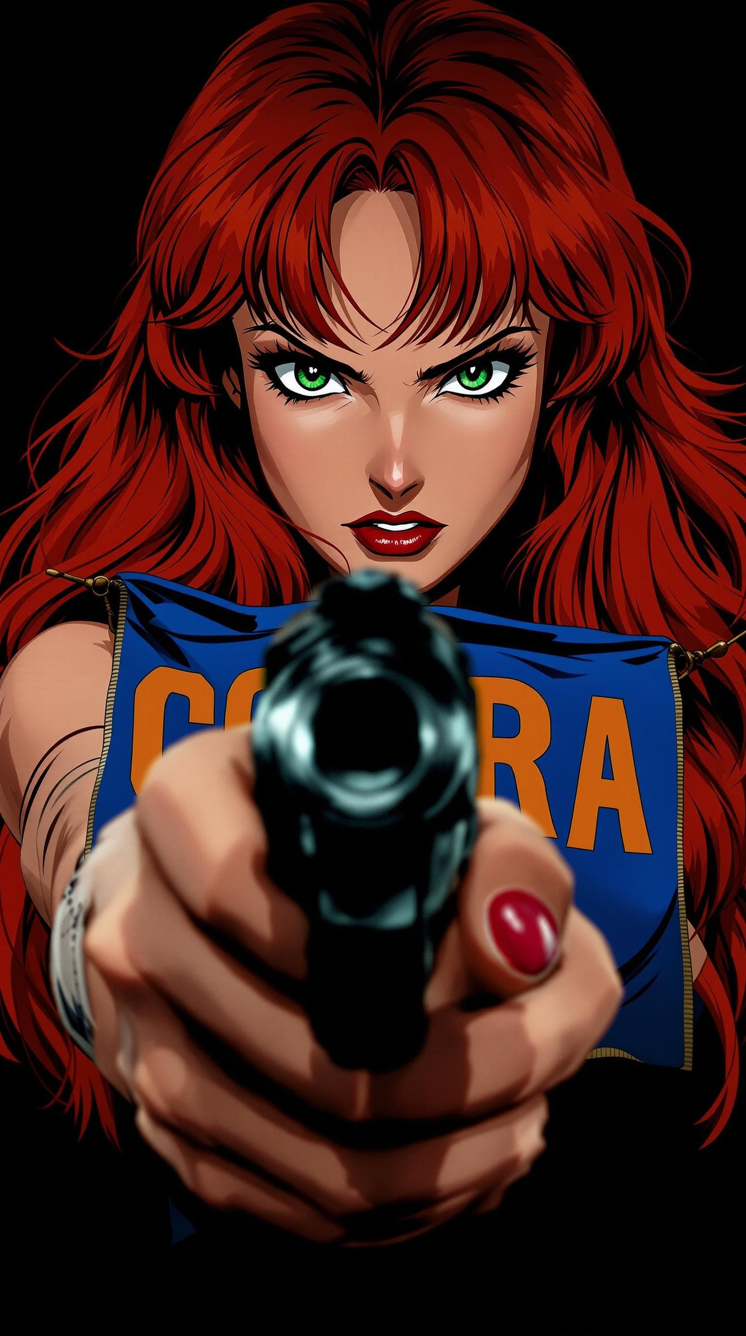 AI generated: A close-up of a beautiful red head woman with long hair and piercing green eyes in the style of 1980...