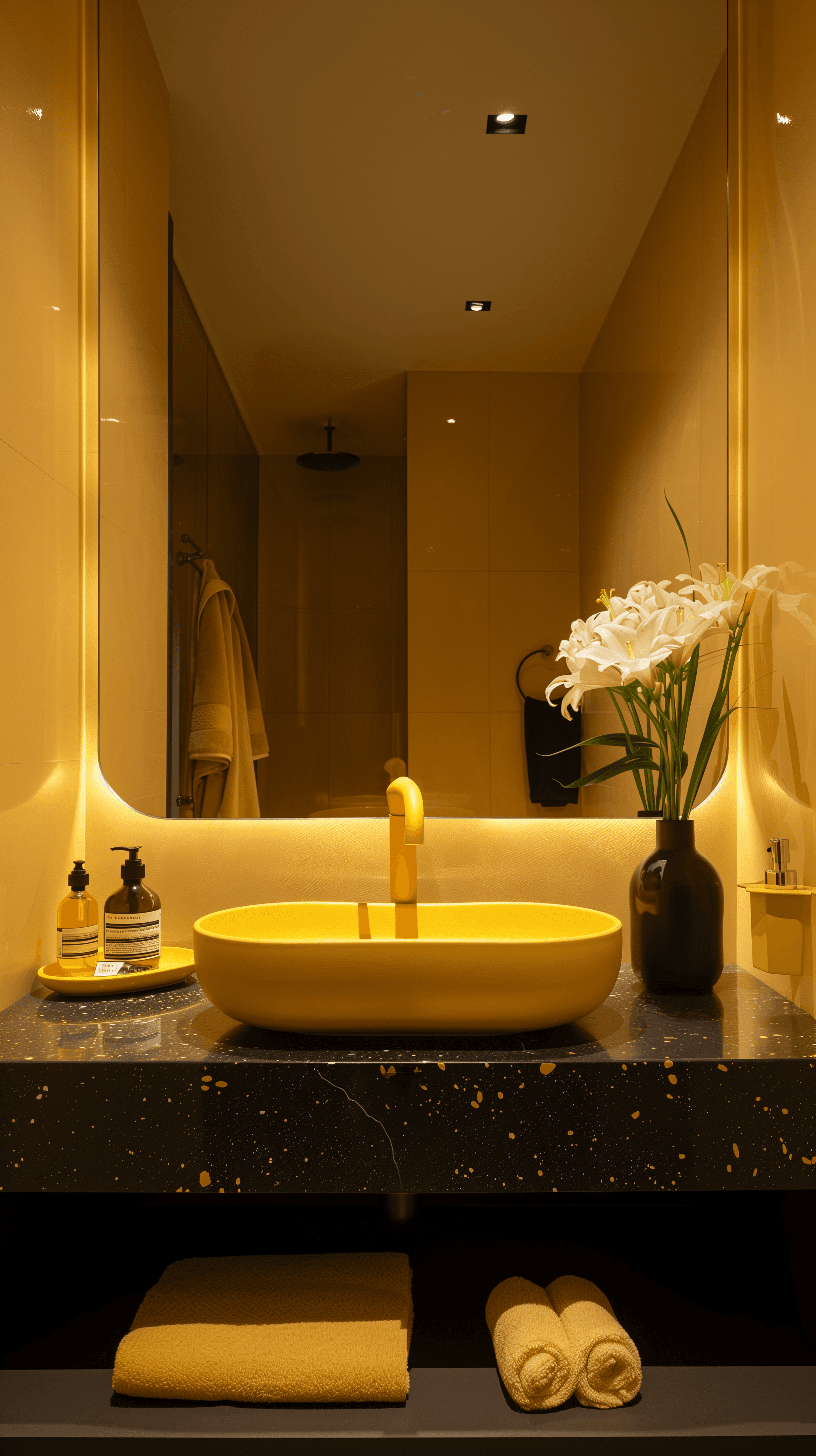 AI generated: photo, front view, minimalist bathroom interior, camera frame centered, focus on yellow faucet, yell...