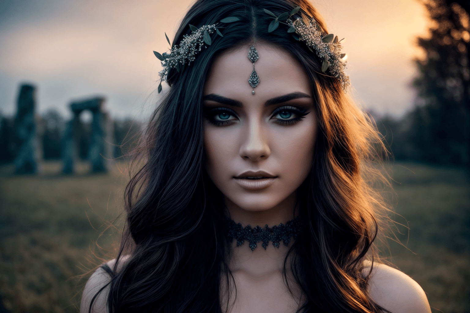 AI generated: Beautiful pagan druid, stonehenge, ritual, Victoria Frances, luis royo, (french:0. 3, italian:, Roma...