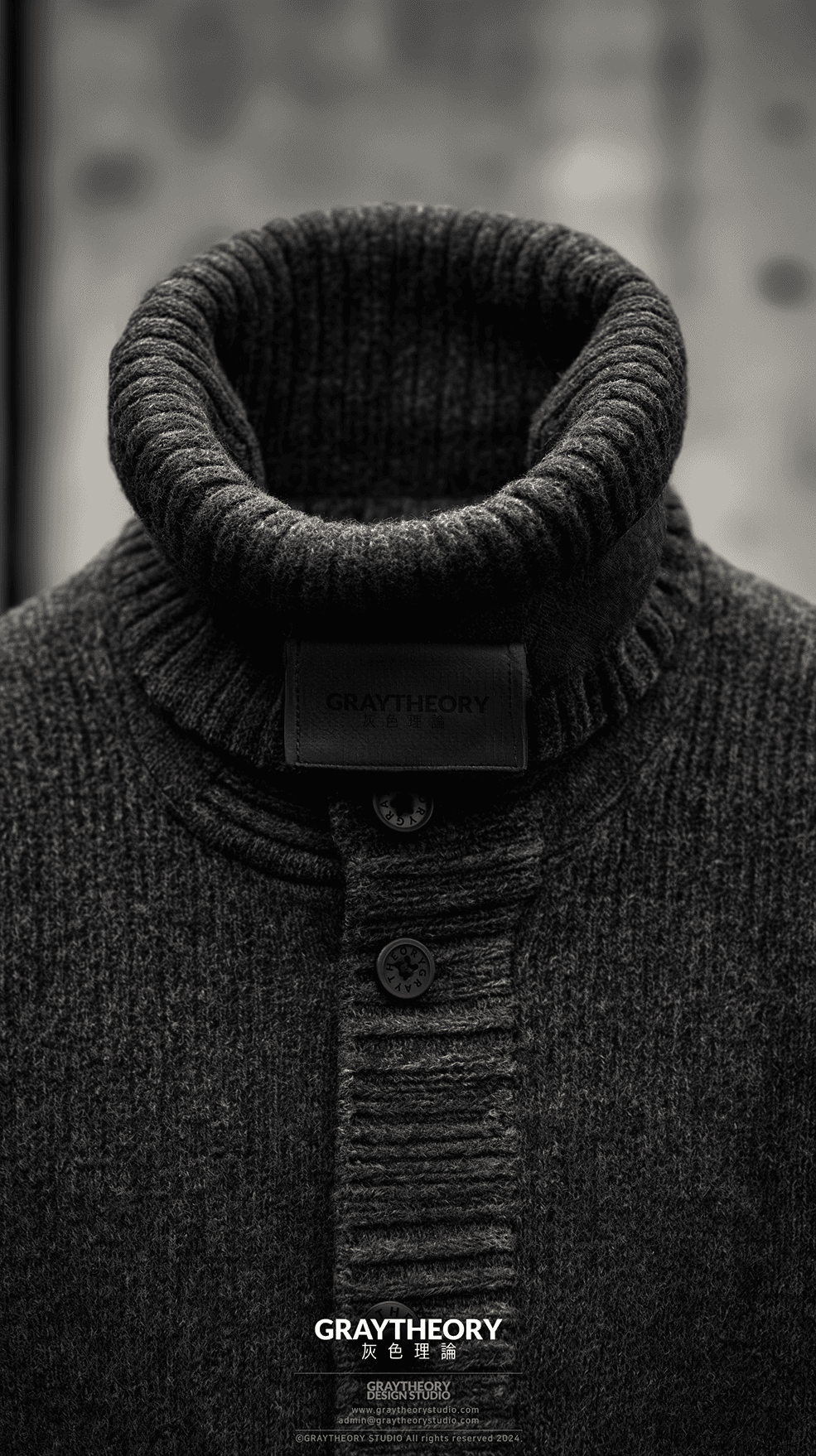 AI generated: front view, capture a turtleneck, technical materials, fabric small point label on text 'Graytheory'...