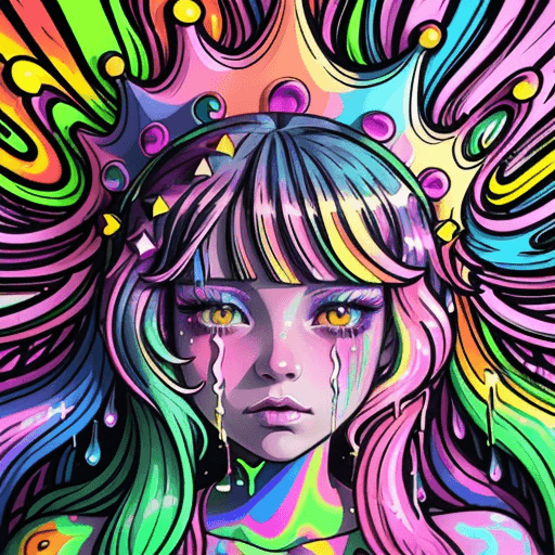 AI generated: a drawing of a girl with long hair and a crown on her head, dripping in neon paint, psychedelic aest...